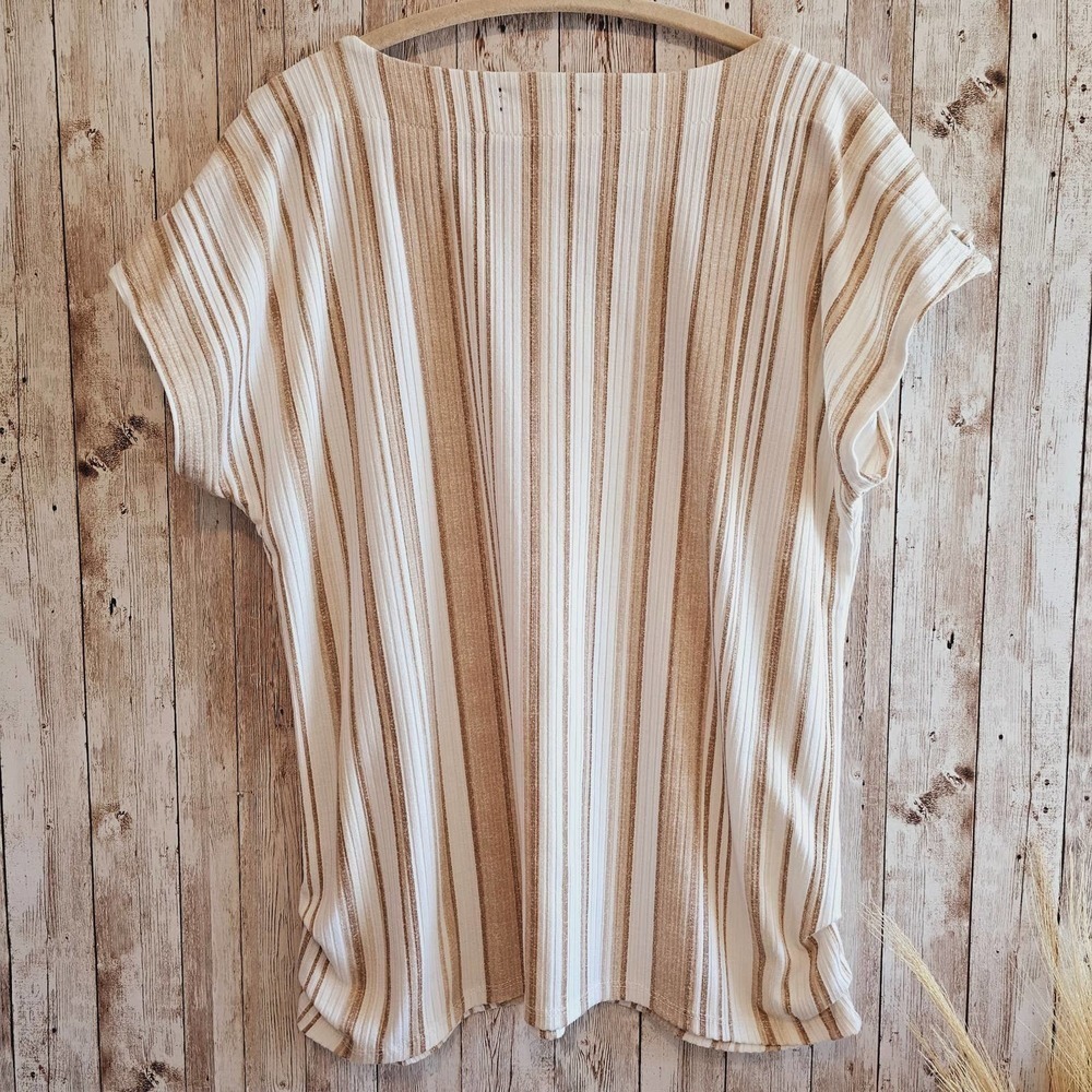 Taupe & Ivory Striped Short Sleeve Top Medium By Cure - Picture 9 of 11